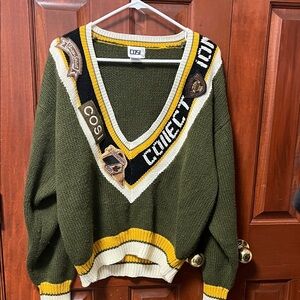 Vintage COSI Olive V-Neck Sweater with Yellow and White Accents